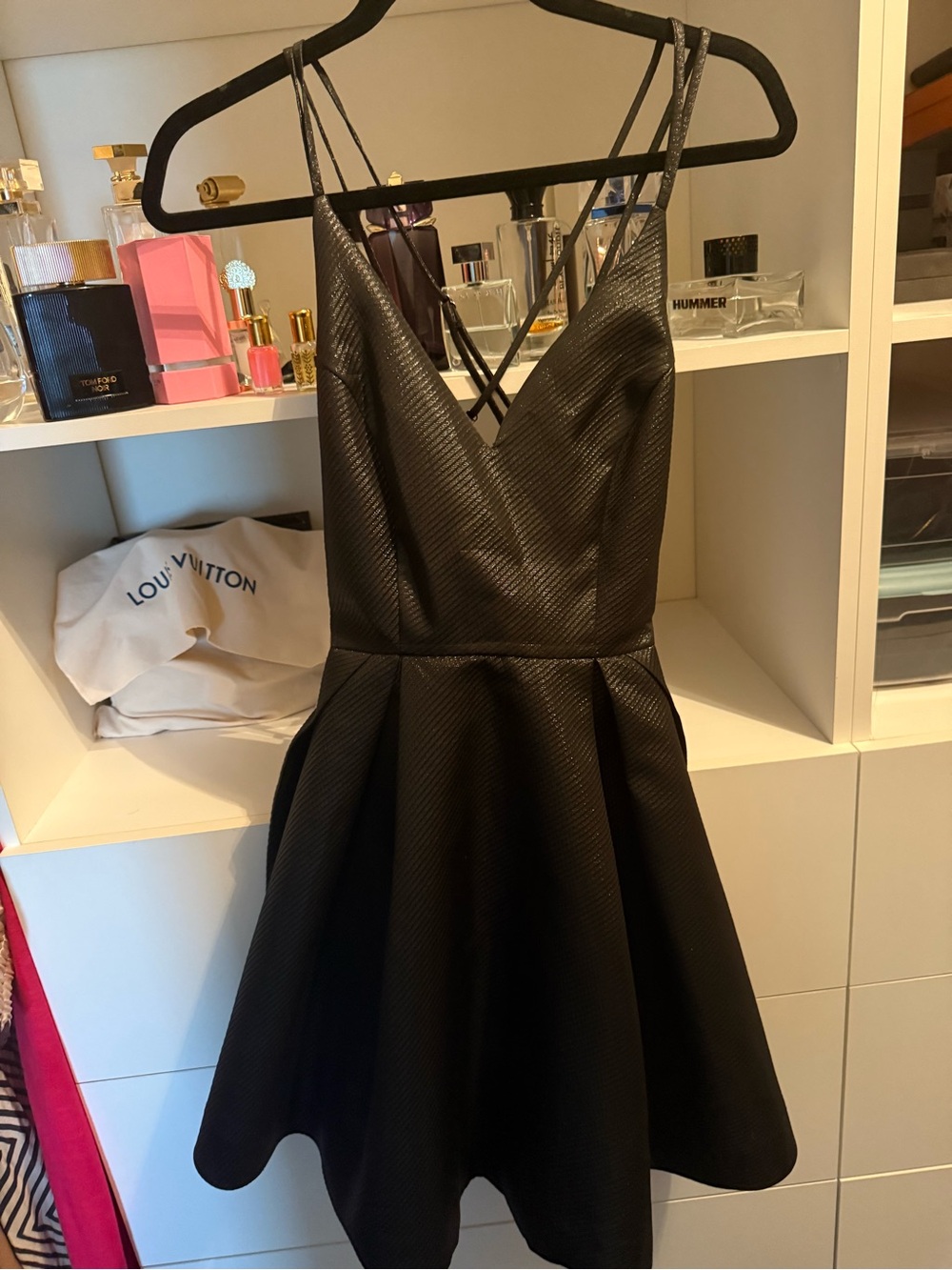 A. Peach Black Strappy V-Neck Fit & Flare Dress